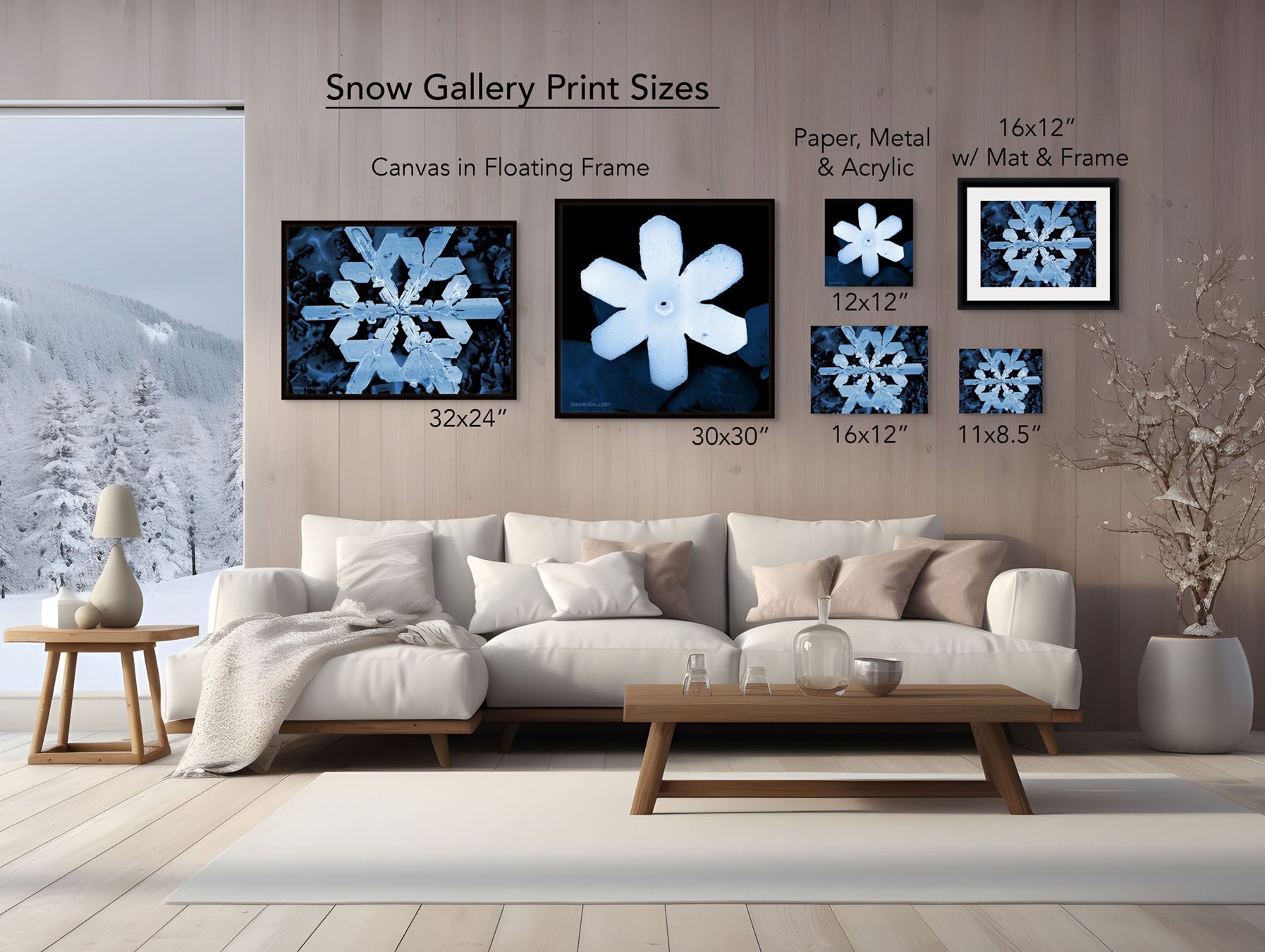 Living room with snowflake art prints on the wall and a sofa.
